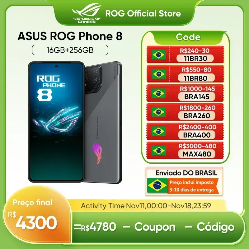 (No Brasil) Smartphone Asus Rog Phone 8 256gb 5g Snapdragon 8 Gen 3 16gb Ram Tela 6,78&Quot; Amoled 165hz Cm Tripla 50mp+32mp